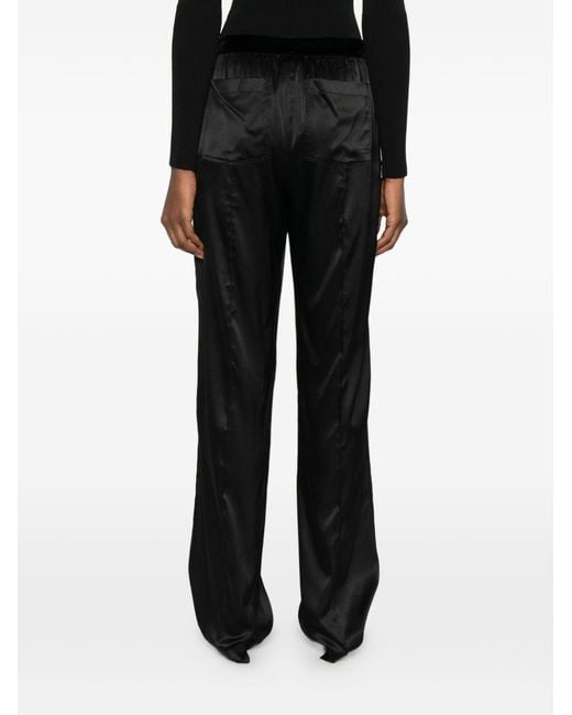 Tom Ford Black Stretch Silk Satin Pajama-Style Trousers With Velvet Waistband And Embroidered Logo