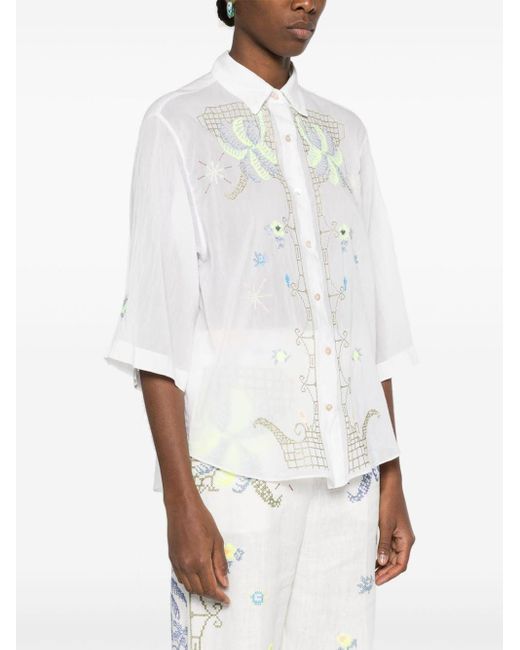 Forte Forte White Half-Sleeved Voile Shirt With Eden Embroidery