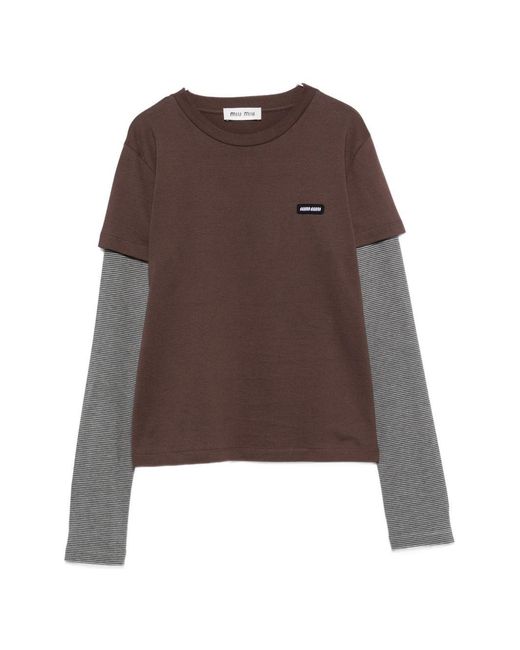 Miu Miu Brown Layered Cotton T-Shirt