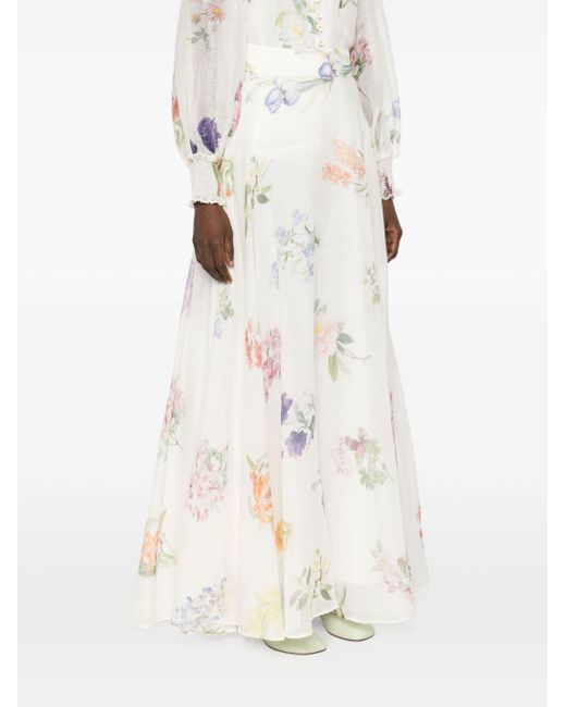 Zimmermann White Floral Print Linen And Silk Blend Maxi Skirt