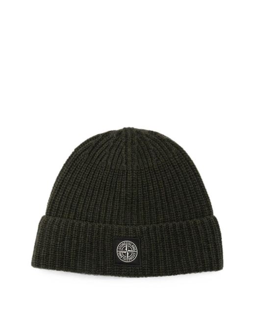 Stone Island Black Logo Wool Beanie for men