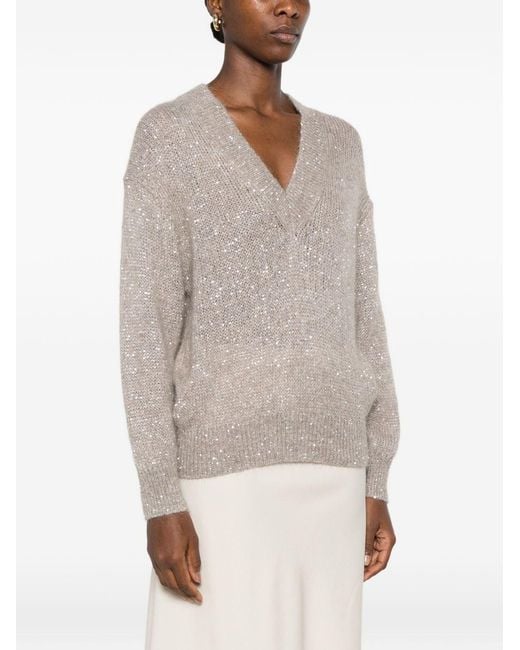 Brunello Cucinelli Natural Wool Blend V-Necked Sweater