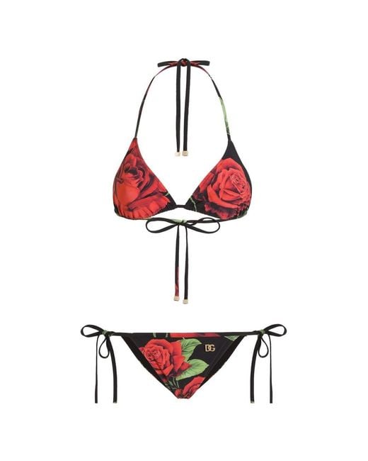 Dolce & Gabbana White Rose Print Triangle Bikini Set