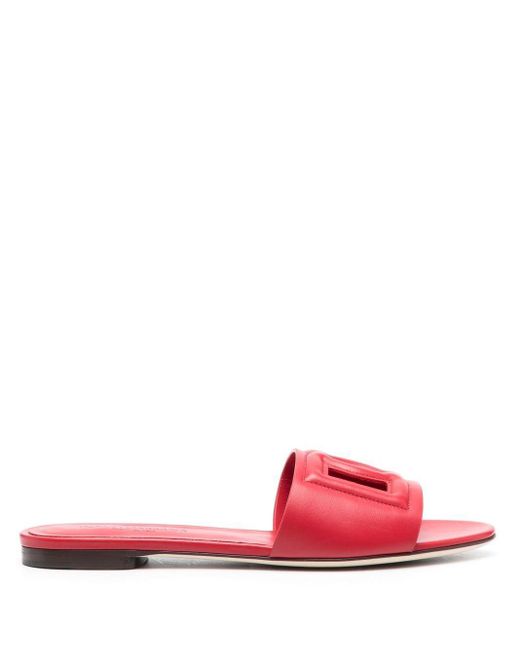 Dolce & Gabbana Leather Sliders With Logo in Red | Lyst Canada
