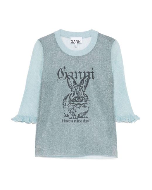 Ganni Blue Bunny Crewneck Top