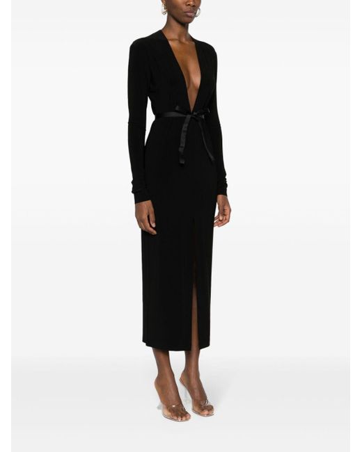 Norma Kamali Tara Long-Sleeve Deep-V Ruched Midi Dress