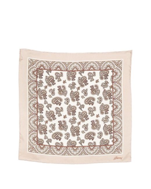 Brioni White Printed Silk Pocket Square for men