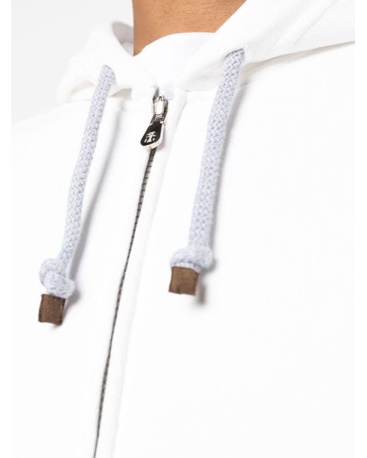 Brunello Cucinelli White Drawstring Zipped Hoodie for men