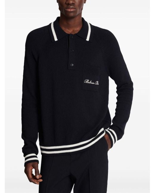 Balmain Black Long Sleeve Signature Wool Polo For for men