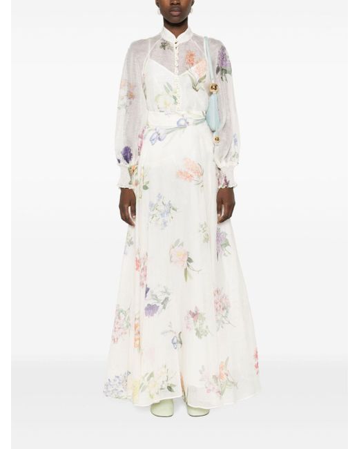 Zimmermann White Floral Print Linen And Silk Blend Maxi Skirt