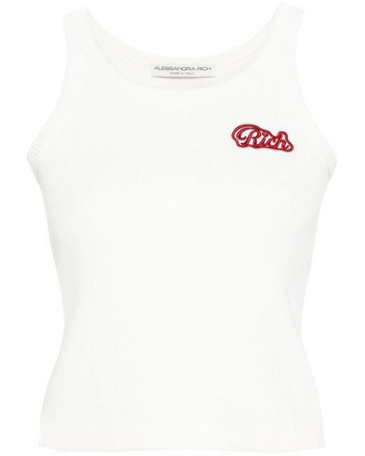 Alessandra Rich White Logo Ribbed Cotton Tank Top