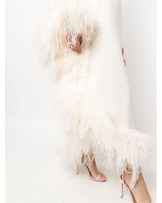 ‎Taller Marmo Natural Ubud One-Shoulder Feather-Trimmed Crepe Maxi Dress