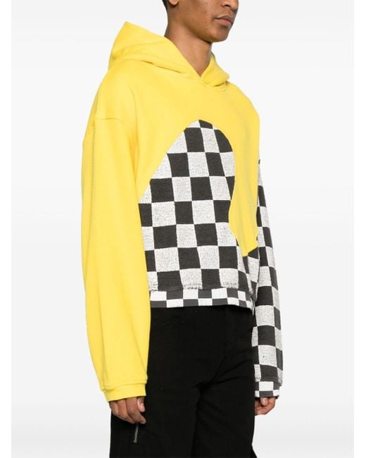 ERL Yellow Check-pattern Panelled Cotton Hoodie for men