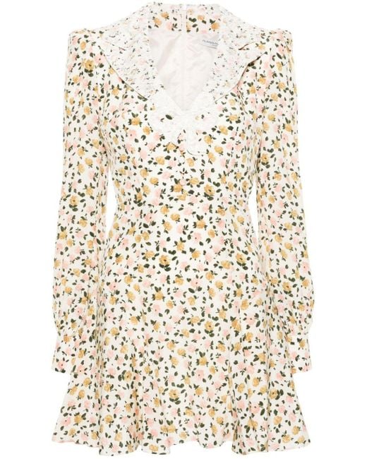 Alessandra Rich Natural Flower Print Silk Short Dress