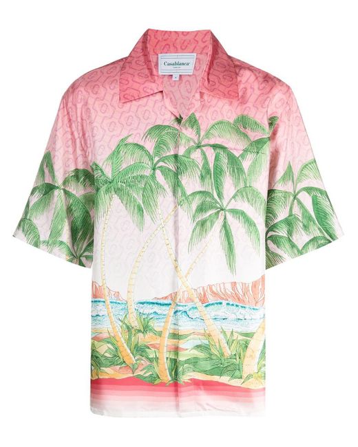 CASABLANCA Pink Tropical-print Short-sleeve Linen Shirt for men