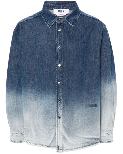 MSGM Blue Logo-embroidered Cotton Shirt for men