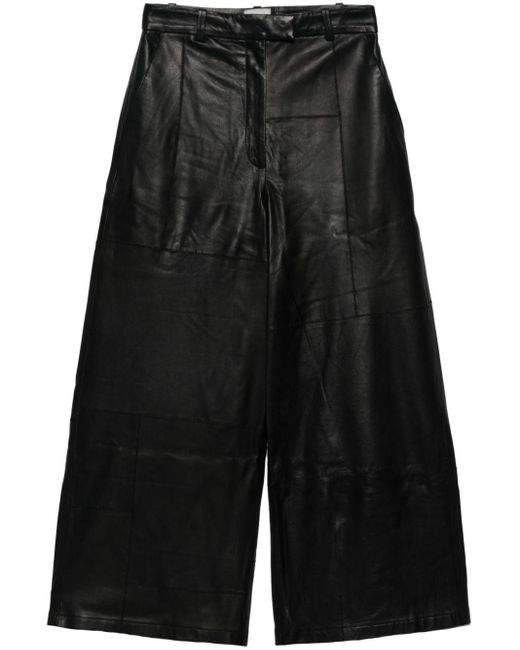 Alysi Black Wide Leg Cropped Leather Trousers