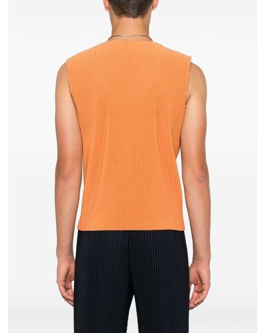 Homme Plissé Issey Miyake Orange Pleated V-Necked Vest for men