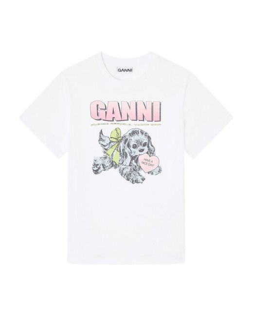 Ganni White Neon Puppy Organic Cotton T-Shirt