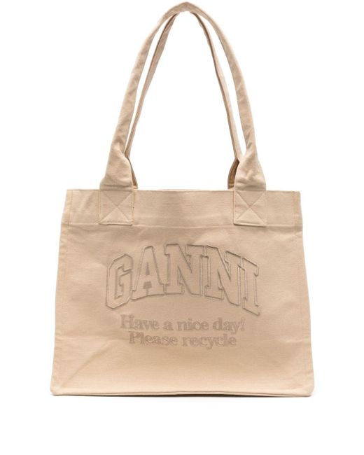 Ganni Natural Logo-Embroidered Canvas Tote Bag