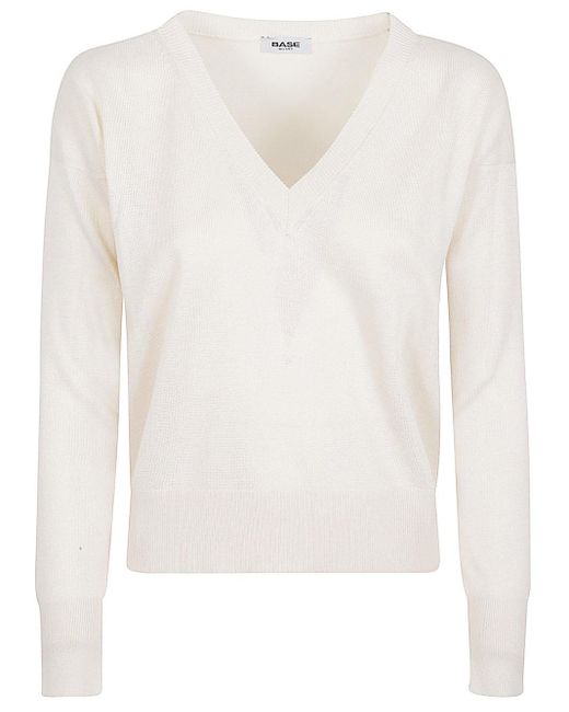 Base London White Cotton Blend V-neck Sweater