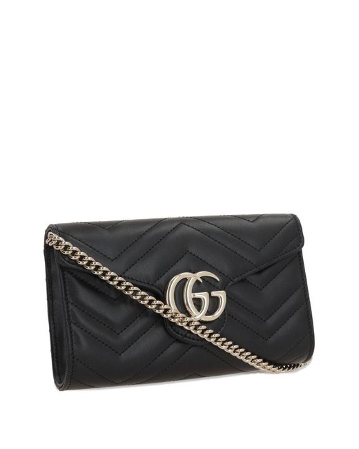Gucci Black Gg Marmont Leather Wallet On Chain