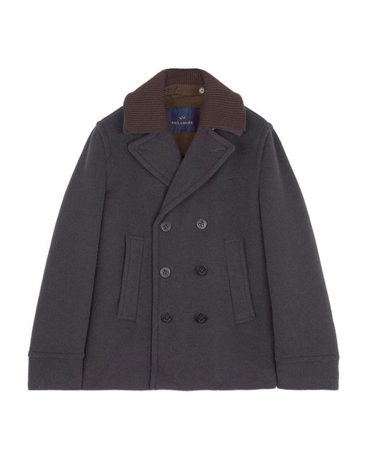 Paul & Shark Gray Double-Breasted Ribbed-Collar Peacoat for men