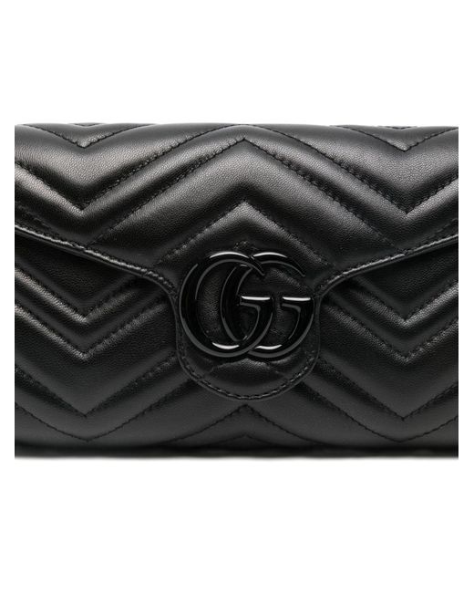 Gucci Black Gg Marmont Leather Wallet On Chain