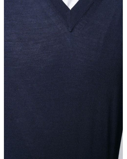 Brioni Blue Wool Cashmere And Silk V-Necked Sweater for men