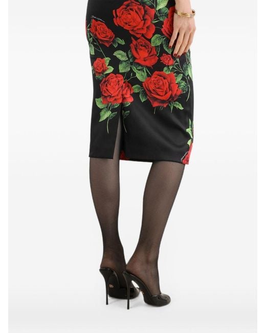 Dolce & Gabbana Red Roses Print Silk Midi Dress
