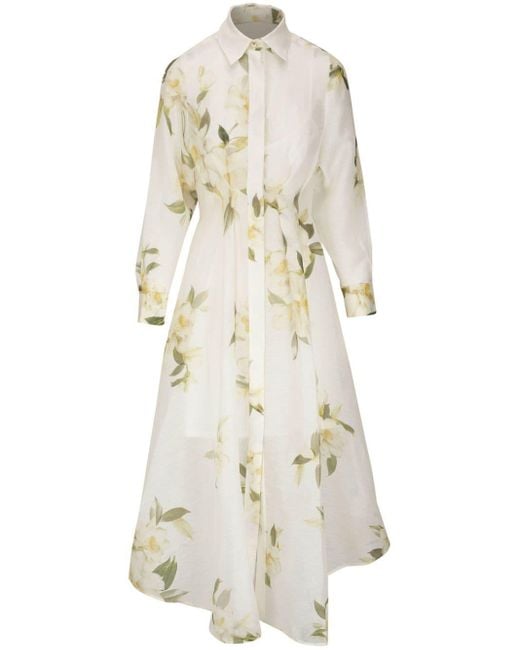 Zimmermann White Floral Print Linen And Silk Blend Shirt Dress