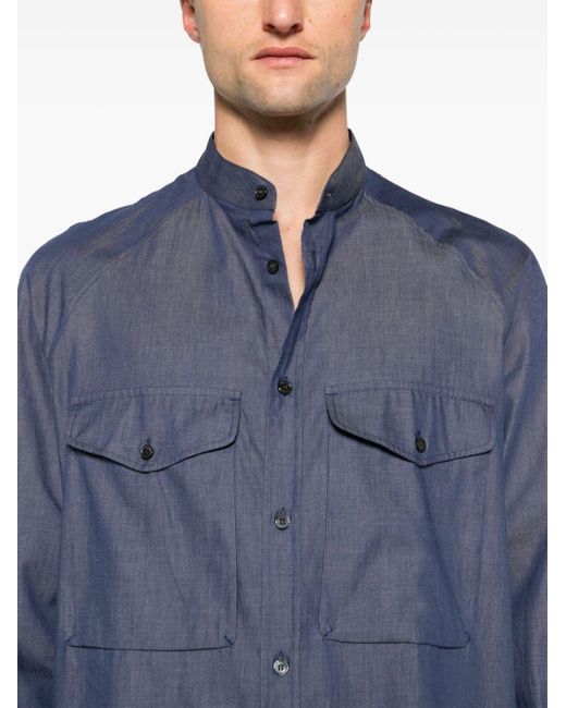Emporio Armani Blue Band-collar Cotton Shirt for men