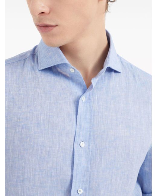 Brunello Cucinelli Blue Spread-collar Linen Shirt for men