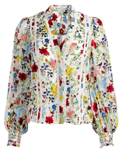 Alice + Olivia White Arlette Silk Blend Blouse