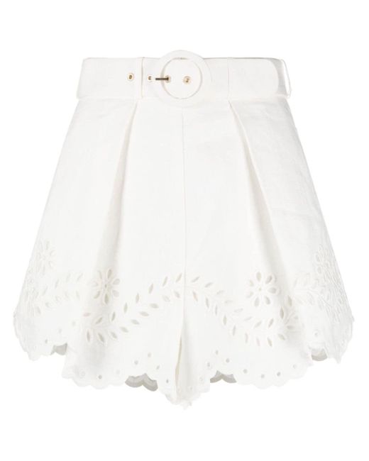 Zimmermann White Embroidered Linen Shorts