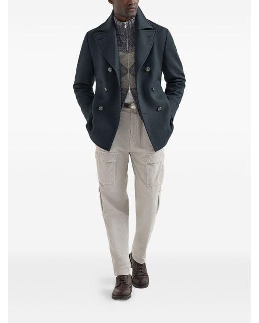 Brunello Cucinelli Blue Wool Caban Coat for men