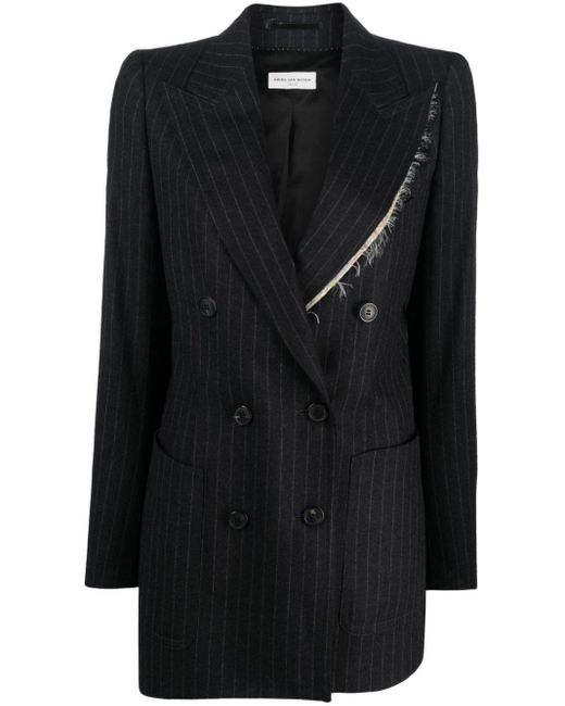 Dries Van Noten Black Double-Breasted Pinstripe Wool Jacket