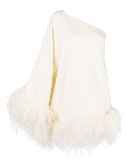 ‎Taller Marmo White Piccolo Ubud One-shoulder Feather-trimmed Crepe Mini Dress