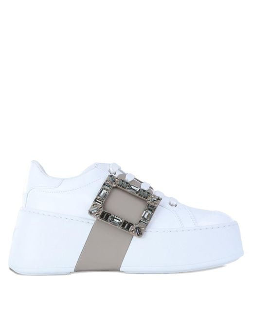 Roger Vivier White Viv Skate High Strass Leather Sneakers