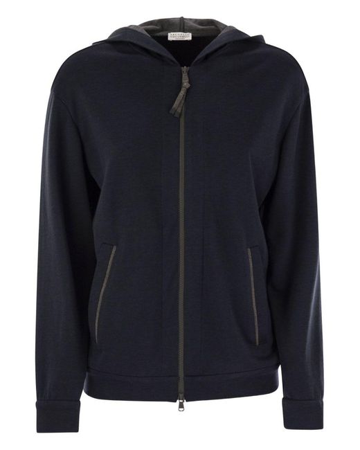 Brunello Cucinelli Blue Cotton And Silk Hooded Cardigan