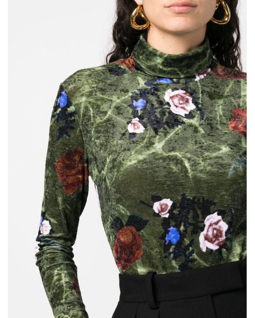 Dries Van Noten Green Rose Print Velvet Turtleneck Sweater