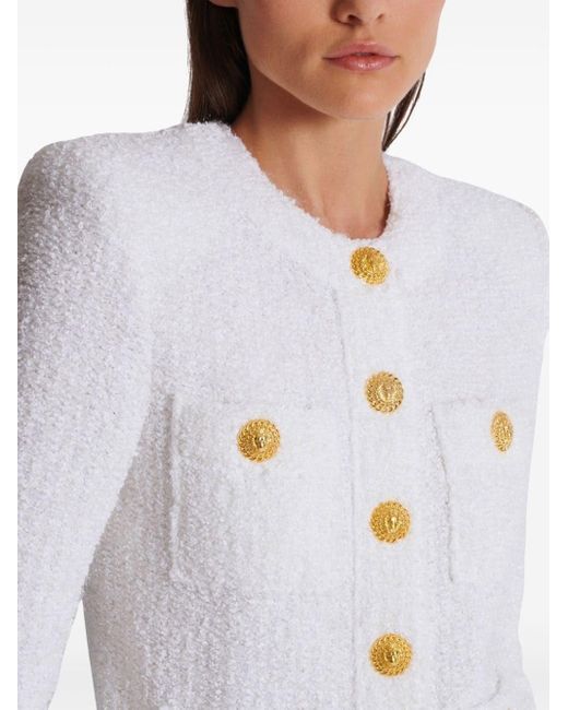 Balmain White Buttoned Tweed Short Jacket