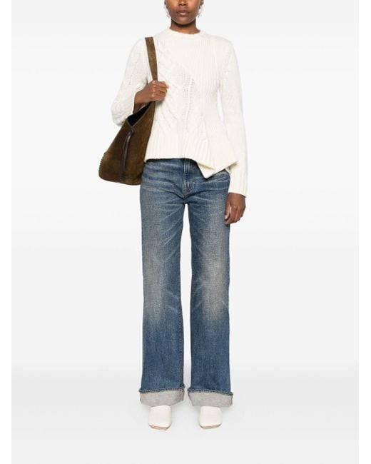 Sacai Natural Cable Knit Sweater With Ruffled Hem And Asymmetrical Details