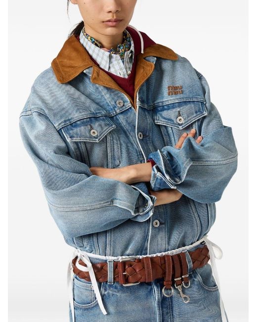 Miu Miu Blue Denim And Leather Blouson Jacket