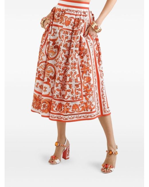 Dolce & Gabbana Red Maiolica Print Cotton Skirt