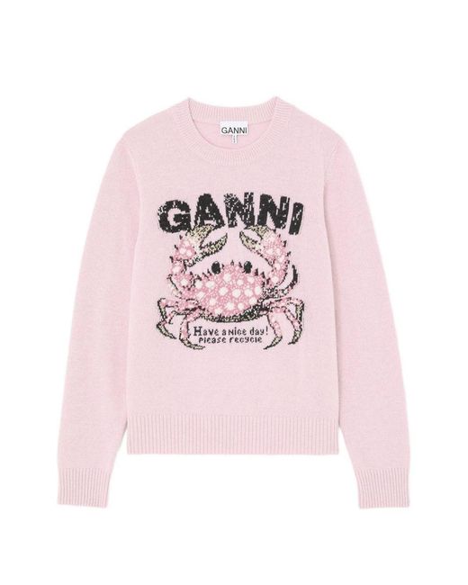 Ganni Pink Wool Crewneck Sweater