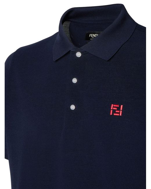 Fendi Blue Polo Shirt With Embroidery for men