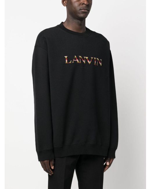 Lanvin Black Embroidered Logo Crew Neck Sweatshirt for men