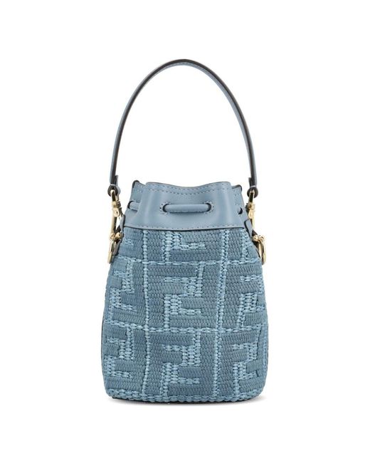 Fendi Blue Mon Tresor Mini Straw Bucket Bag