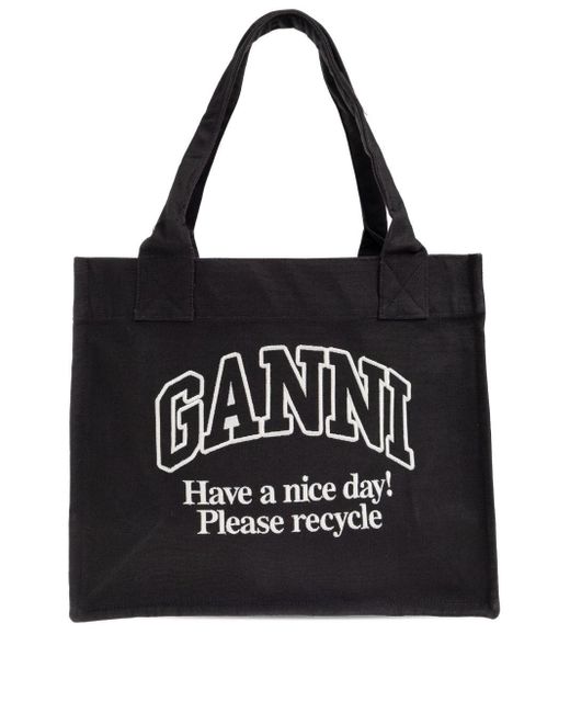 Ganni Black Recycled Cotton Large Tote Bag